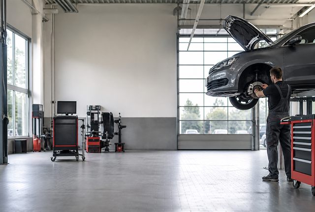 Helle Werkstatt mit Fahrzeug und Serviceausrüstung